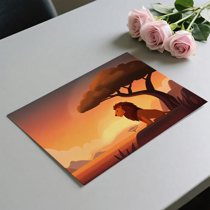 Lion at Sunset Savannah Mural | Flat Design, Warm Orange Tones, Minimalist Landscape