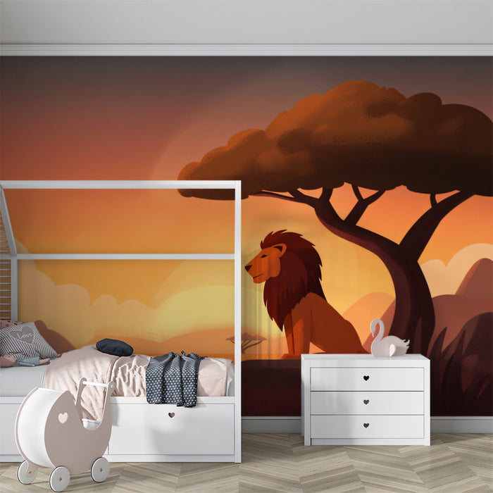 Lion at Sunset Savannah Mural | Flat Design, Warm Orange Tones, Minimalist Landscape