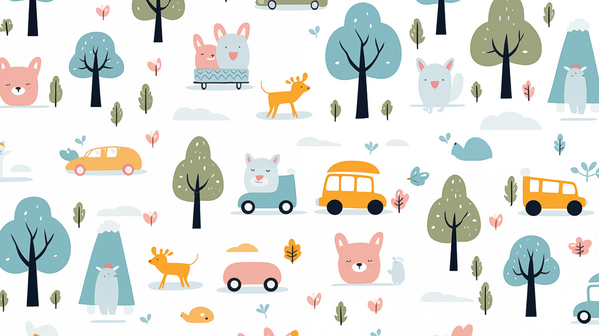 Kawaii Car & Animal Doodle Pattern | Pastel, Forest Theme, Lighthearted Repeat