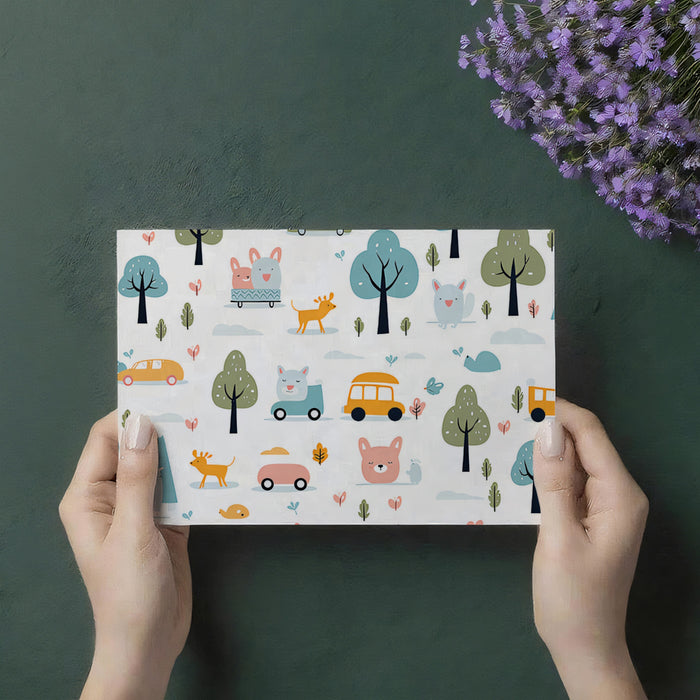 Kawaii Car & Animal Doodle Pattern | Pastel, Forest Theme, Lighthearted Repeat