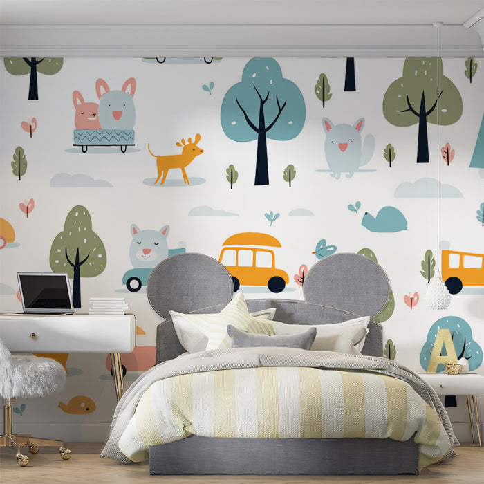 Kawaii Car & Animal Doodle Pattern | Pastel, Forest Theme, Lighthearted Repeat