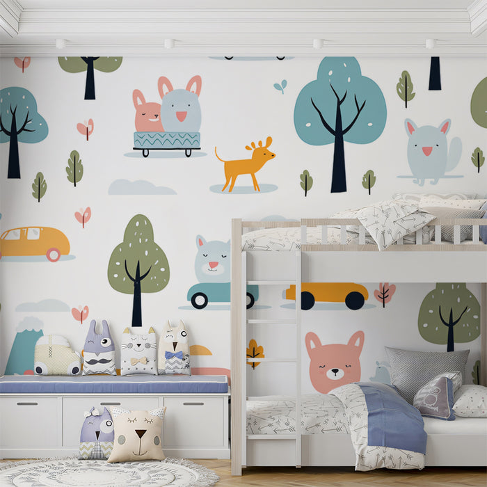 Kawaii Car & Animal Doodle Pattern | Pastel, Forest Theme, Lighthearted Repeat