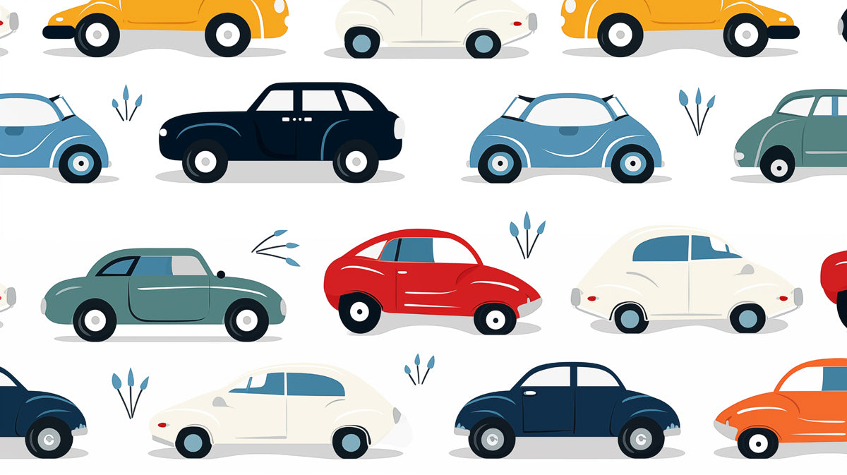 Retro Car Repeat Wallpaper | Bold Colors, Flat Design, Mid-Century Modern Motif
