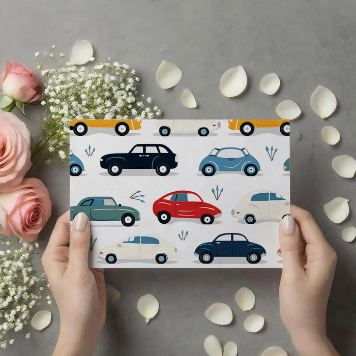 Retro Car Repeat Wallpaper | Bold Colors, Flat Design, Mid-Century Modern Motif