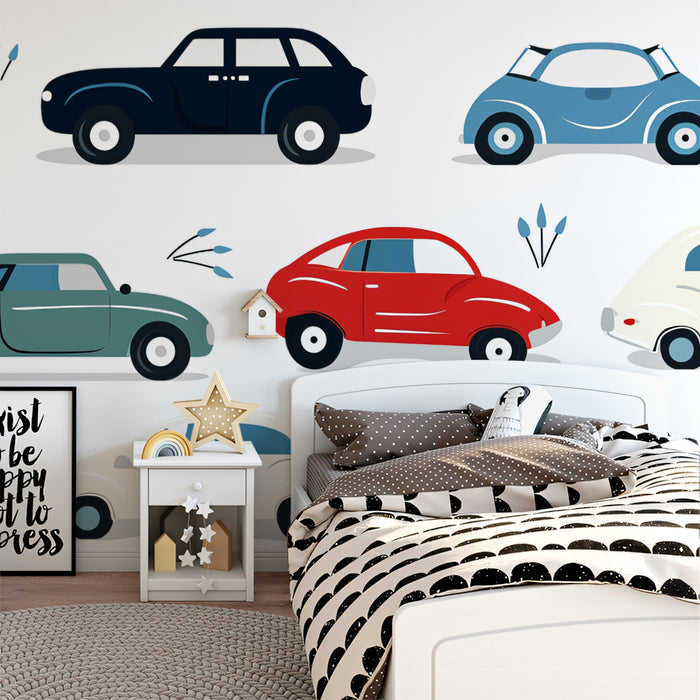 Retro Car Repeat Wallpaper | Bold Colors, Flat Design, Mid-Century Modern Motif