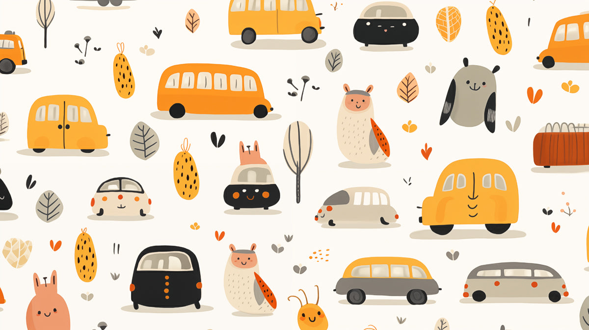 Kawaii Car & Owl Doodle Pattern | Cartoon Animals, Autumn Tones, Whimsical Repeat
