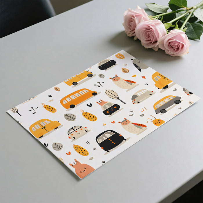 Kawaii Car & Owl Doodle Pattern | Cartoon Animals, Autumn Tones, Whimsical Repeat