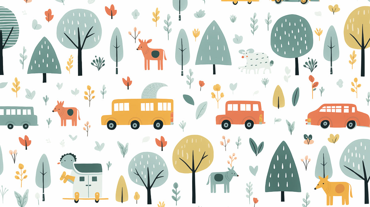 Folk Art Safari Car Pattern | Stylized Animals, Woodland Theme, Earthy Neutrals
