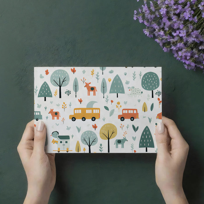 Folk Art Safari Car Pattern | Stylized Animals, Woodland Theme, Earthy Neutrals