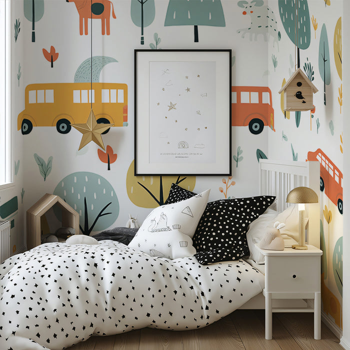 Folk Art Safari Car Pattern | Stylized Animals, Woodland Theme, Earthy Neutrals