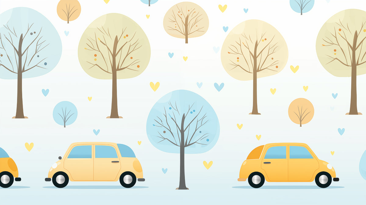 Minimalist Car & Tree Landscape | Yellow Car, Pastel Colors, Repeating Horizontal Motif