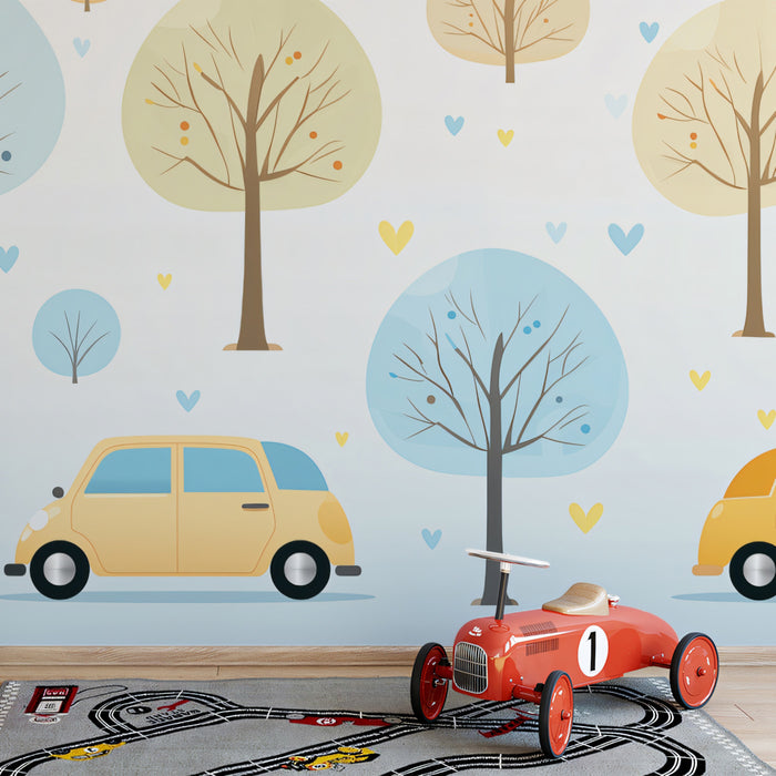 Minimalist Car & Tree Landscape | Yellow Car, Pastel Colors, Repeating Horizontal Motif