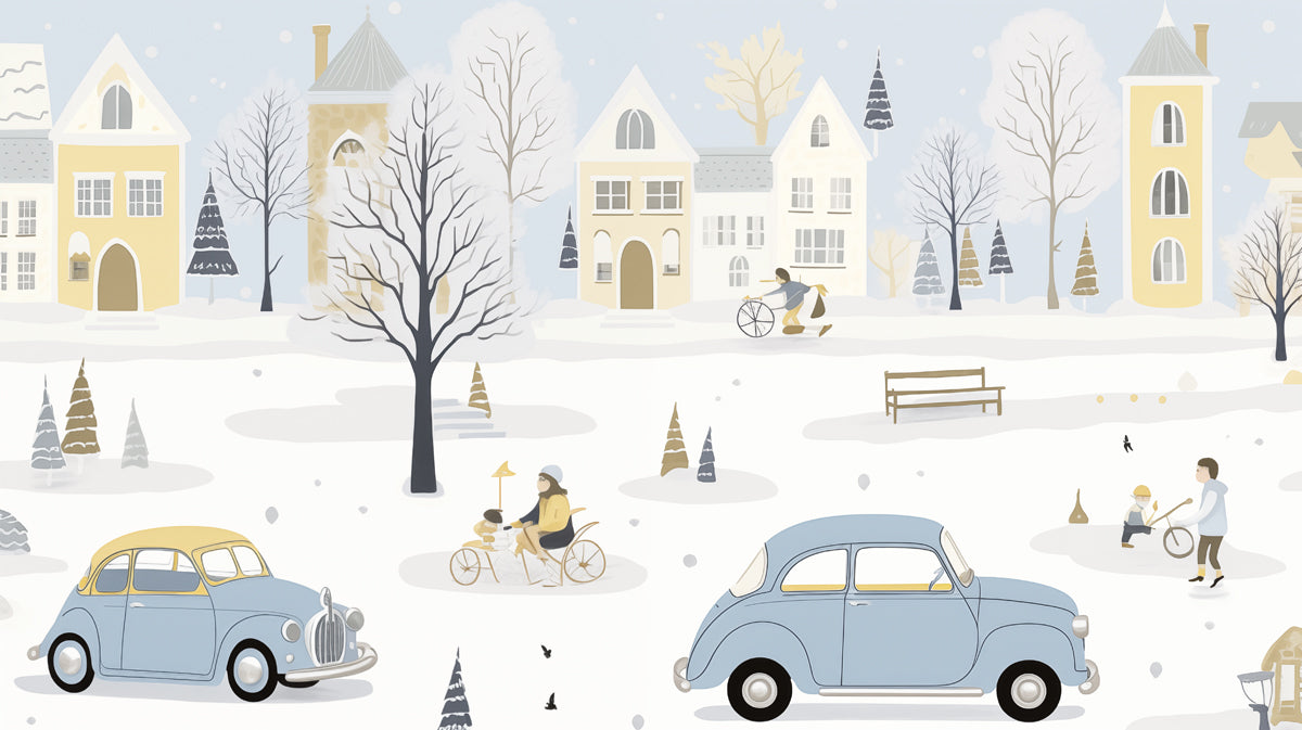 Vintage Car Winter Village Mural | Scandinavian Style, Pastel Landscape, Snow Scene