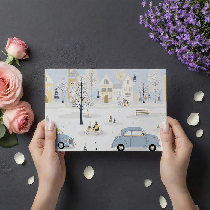 Vintage Car Winter Village Mural | Scandinavian Style, Pastel Landscape, Snow Scene
