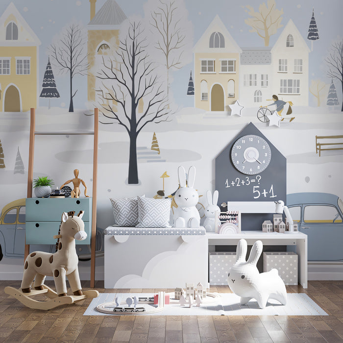 Vintage Car Winter Village Mural | Scandinavian Style, Pastel Landscape, Snow Scene