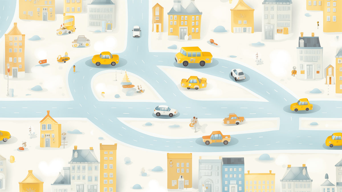 Overhead City Street Map Mural | Yellow Buildings, Cartoon Cars, Playful Townscape