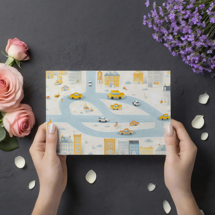 Overhead City Street Map Mural | Yellow Buildings, Cartoon Cars, Playful Townscape
