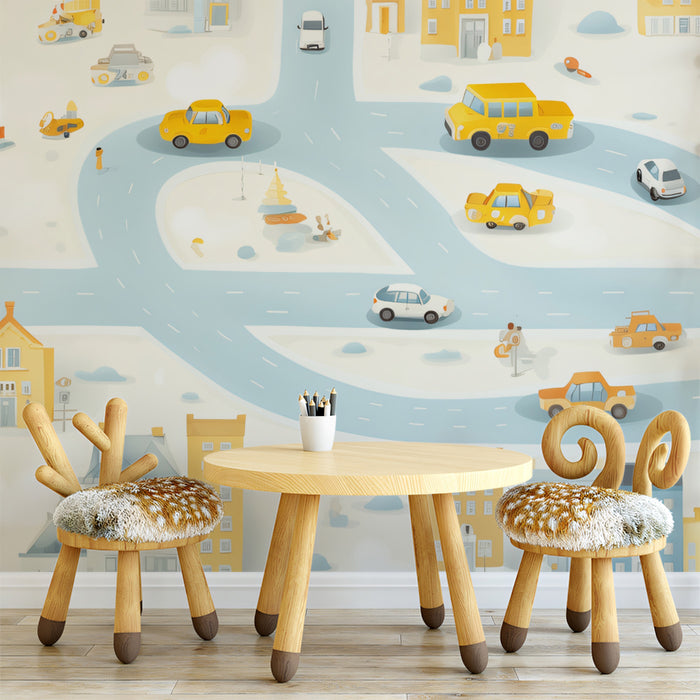 Overhead City Street Map Mural | Yellow Buildings, Cartoon Cars, Playful Townscape