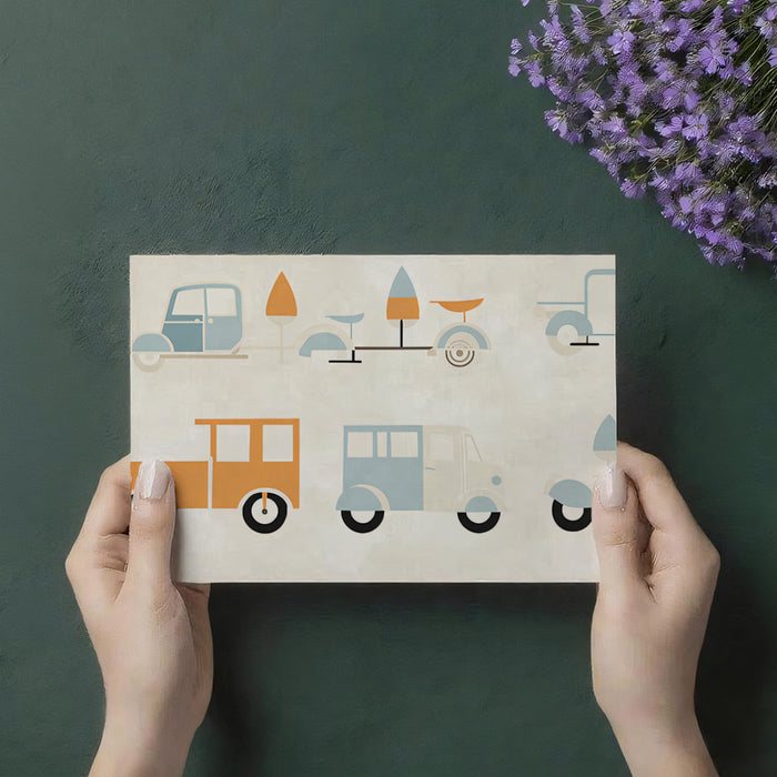 Geometric Retro Vehicle Repeat | Flat Design, Muted Pastel Palette, Abstract Transport