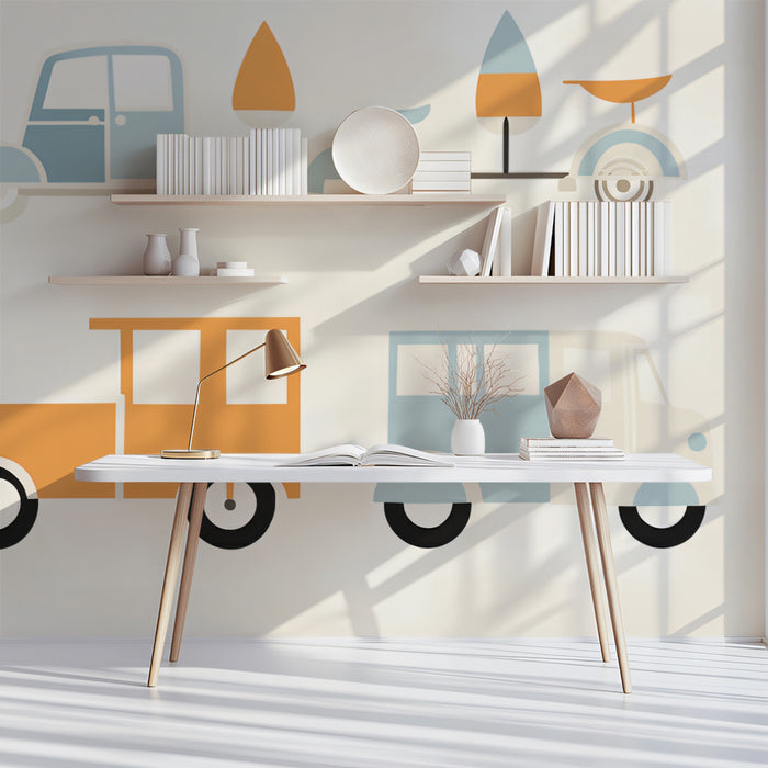 Geometric Retro Vehicle Repeat | Flat Design, Muted Pastel Palette, Abstract Transport