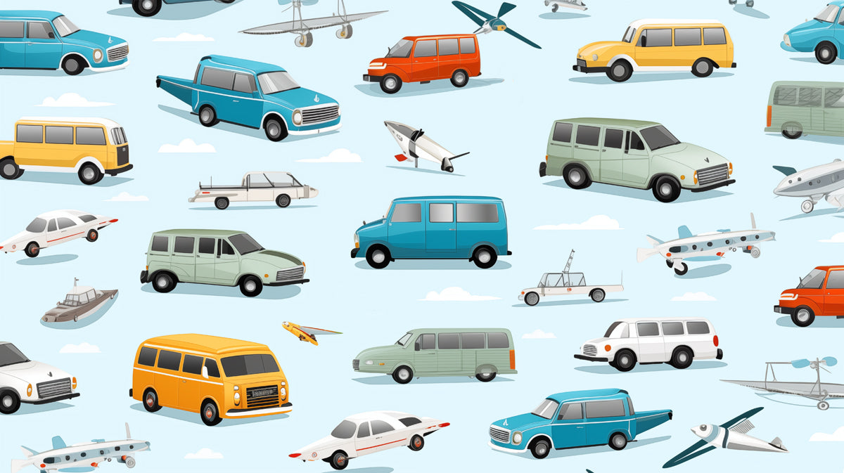 Vintage Transportation Sticker Bomb Wallpaper | Detailed, Retro Cars & Planes, Sky Blue