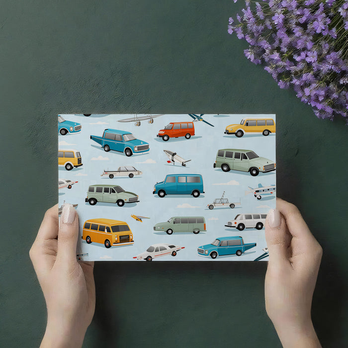 Vintage Transportation Sticker Bomb Wallpaper | Detailed, Retro Cars & Planes, Sky Blue