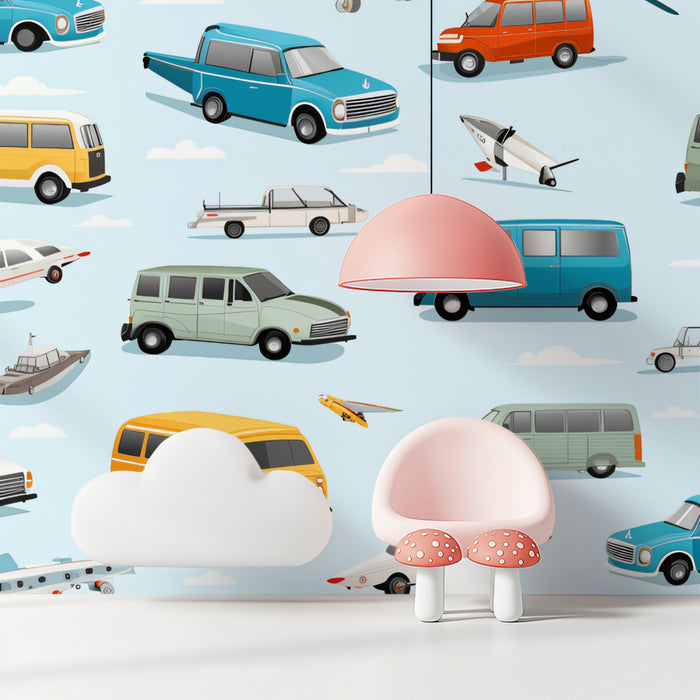 Vintage Transportation Sticker Bomb Wallpaper | Detailed, Retro Cars & Planes, Sky Blue