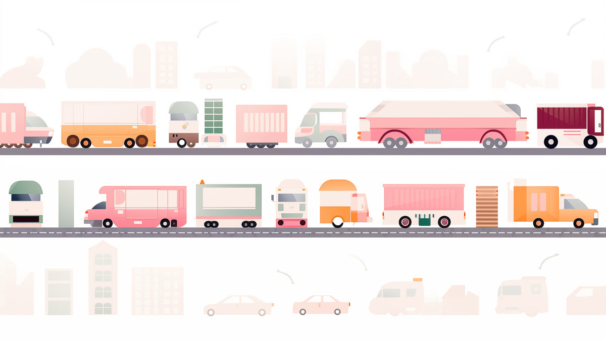 Geometric City Truck Lineup Mural | Flat Design, Pastel Tones, Urban Transport