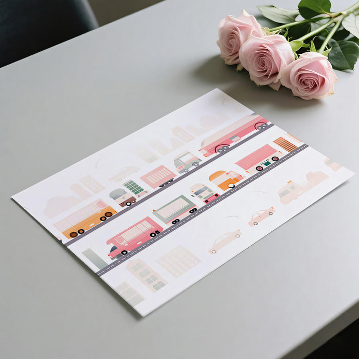Geometric City Truck Lineup Mural | Flat Design, Pastel Tones, Urban Transport