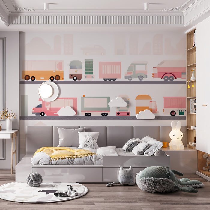 Geometric City Truck Lineup Mural | Flat Design, Pastel Tones, Urban Transport