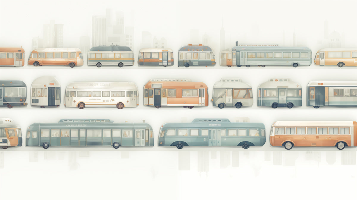 Vintage Bus Collection Mural | Retro Transport, Detailed Illustration, Faded Cityscape