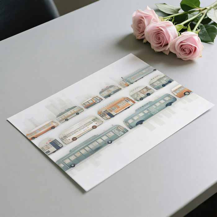 Vintage Bus Collection Mural | Retro Transport, Detailed Illustration, Faded Cityscape