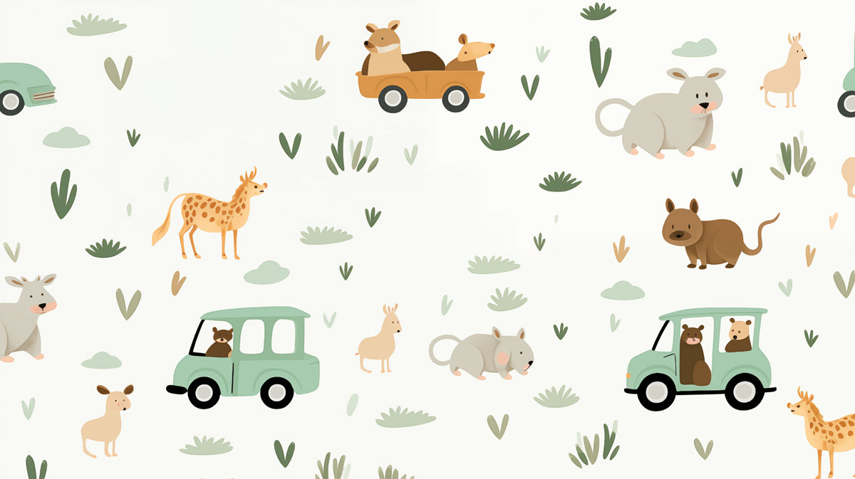 Safari Road Trip Animal Pattern | Cartoon, Mint Green Car, Cute Rodents & Deer