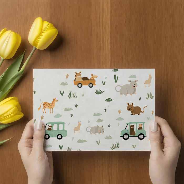 Safari Road Trip Animal Pattern | Cartoon, Mint Green Car, Cute Rodents & Deer