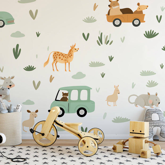 Safari Road Trip Animal Pattern | Cartoon, Mint Green Car, Cute Rodents & Deer