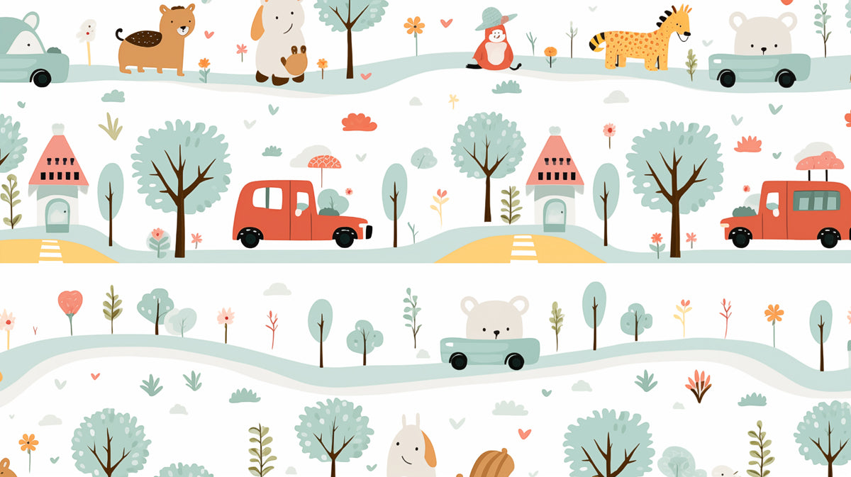 Folk Art Animal Village Pattern | Terracotta & Dusty Blue, Charming Houses, Repeating Scene