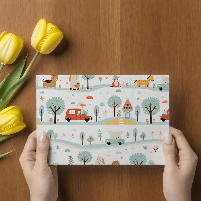 Folk Art Animal Village Pattern | Terracotta & Dusty Blue, Charming Houses, Repeating Scene