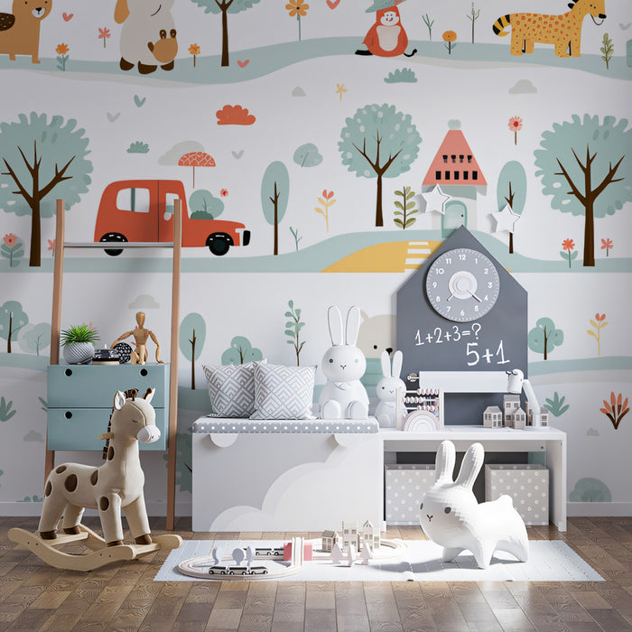 Folk Art Animal Village Pattern | Terracotta & Dusty Blue, Charming Houses, Repeating Scene