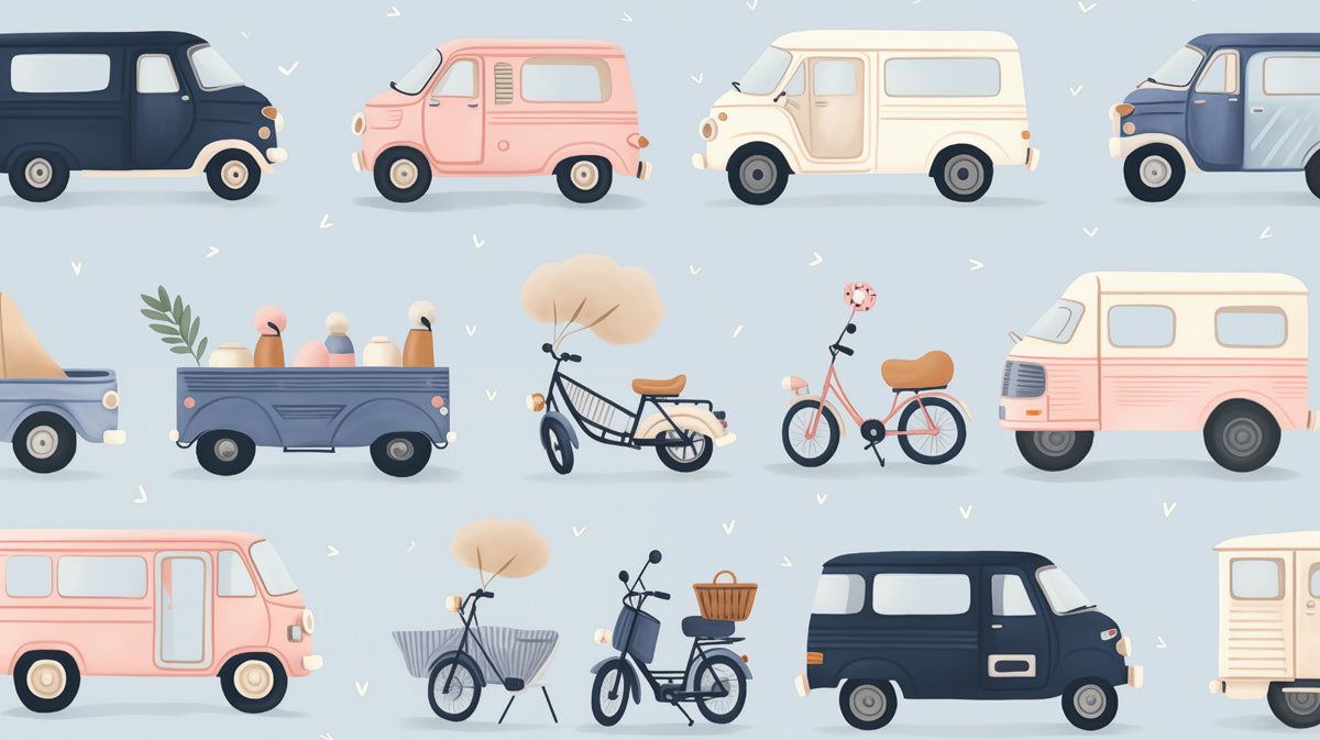 Vintage Van & Scooter Pattern | Pastel Tones, Retro Transport, Blue & Pink Motif