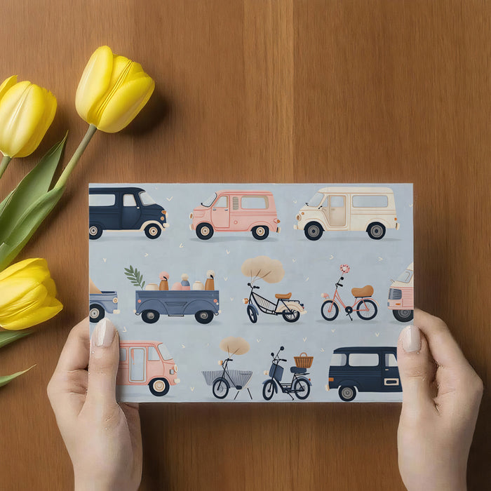 Vintage Van & Scooter Pattern | Pastel Tones, Retro Transport, Blue & Pink Motif