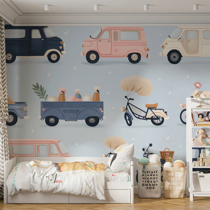 Vintage Van & Scooter Pattern | Pastel Tones, Retro Transport, Blue & Pink Motif