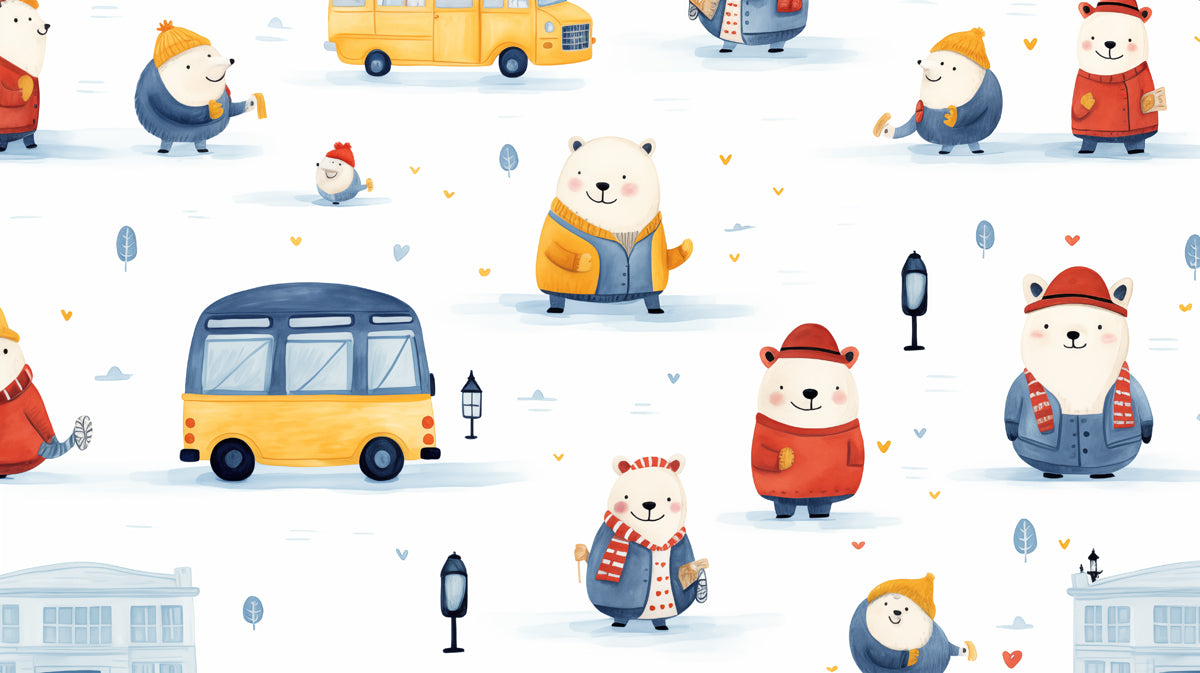 Watercolor Polar Bear Winter Scene | Cartoon, Yellow Bus, Cozy Seasonal Theme