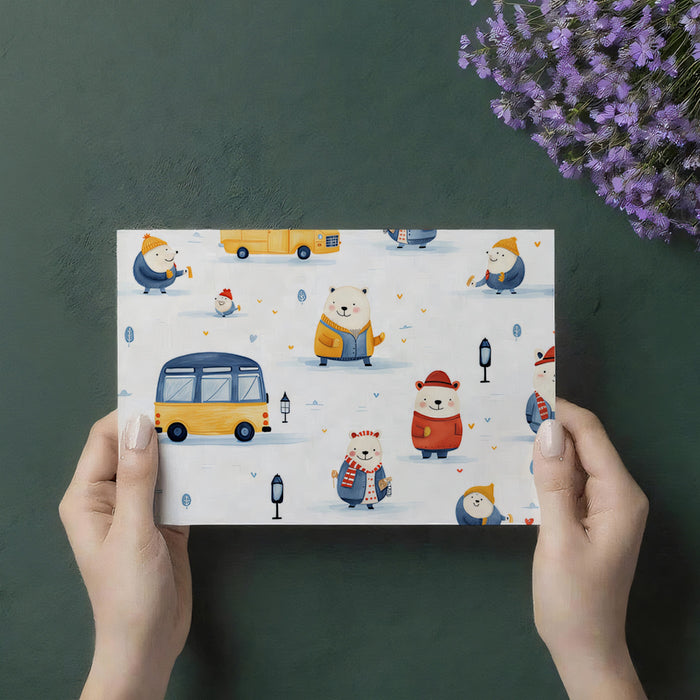Watercolor Polar Bear Winter Scene | Cartoon, Yellow Bus, Cozy Seasonal Theme