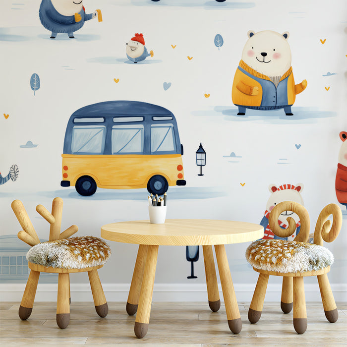 Watercolor Polar Bear Winter Scene | Cartoon, Yellow Bus, Cozy Seasonal Theme