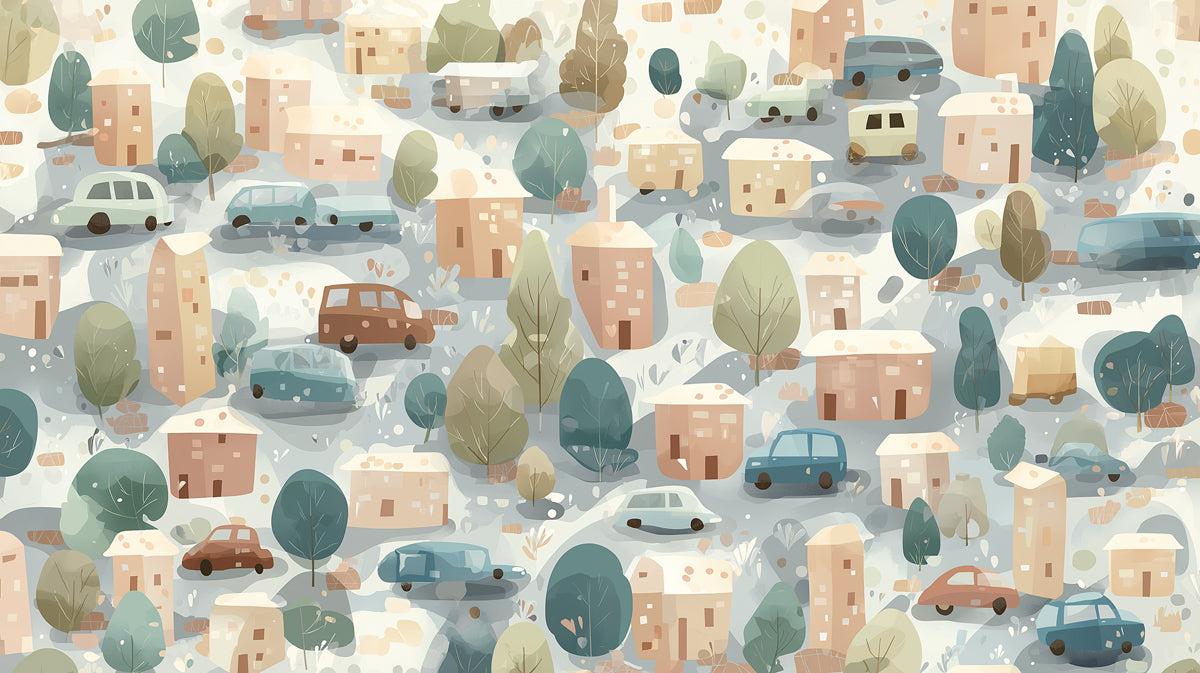 Watercolor Village & Cars Pattern | Muted Earth Tones, All-Over Motif, Organic Style