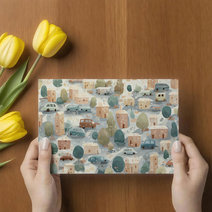 Watercolor Village & Cars Pattern | Muted Earth Tones, All-Over Motif, Organic Style