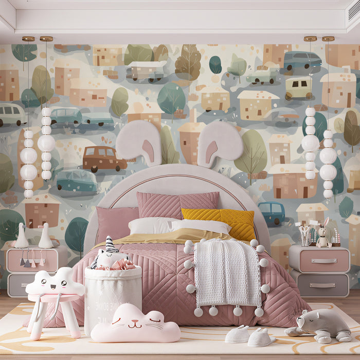 Watercolor Village & Cars Pattern | Muted Earth Tones, All-Over Motif, Organic Style