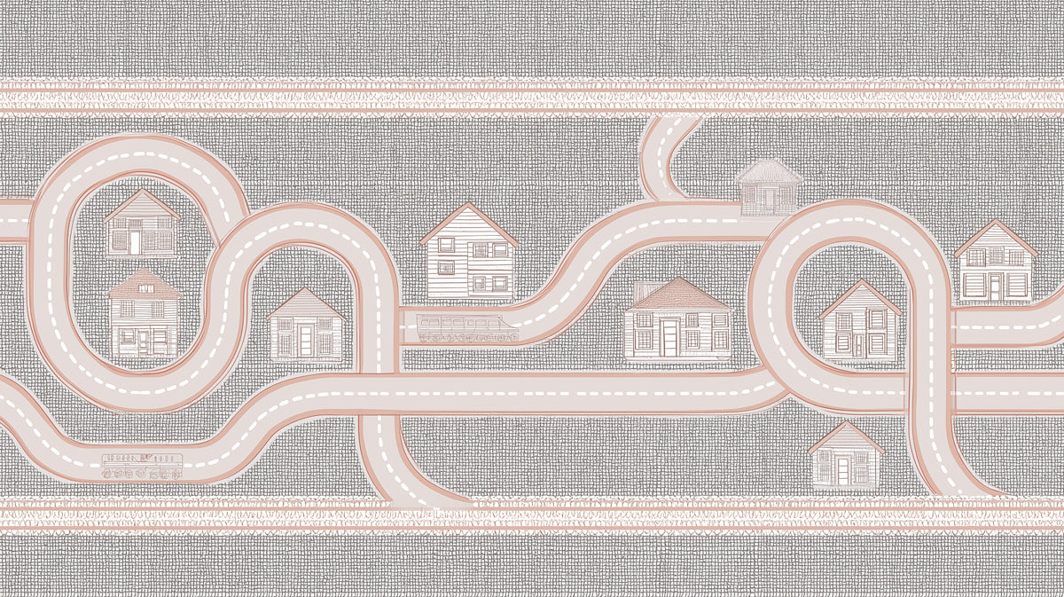 Minimalist Road Map & Houses Mural | Neutral Tones, Fabric Texture, Subtle Play Map
