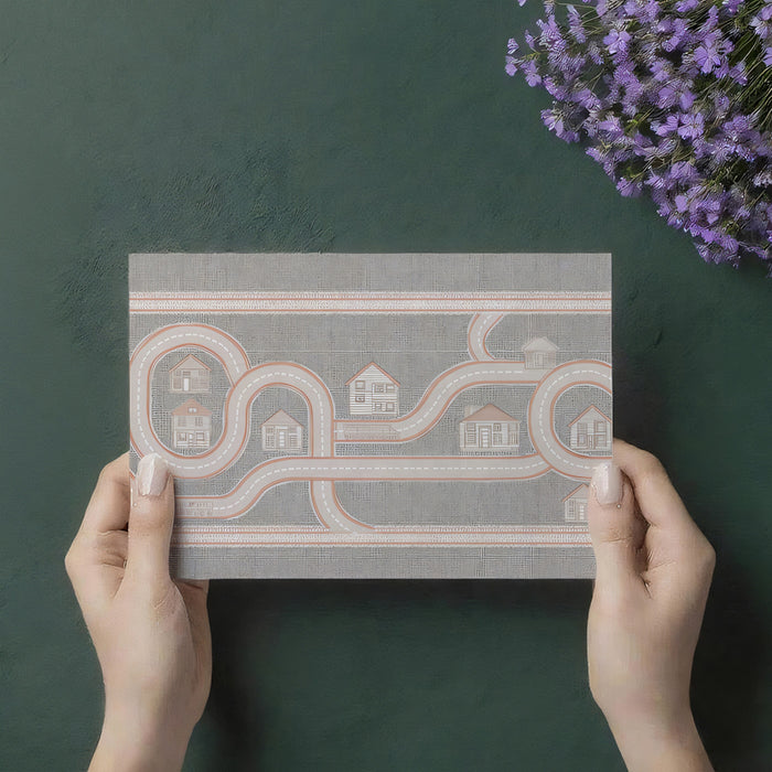 Minimalist Road Map & Houses Mural | Neutral Tones, Fabric Texture, Subtle Play Map