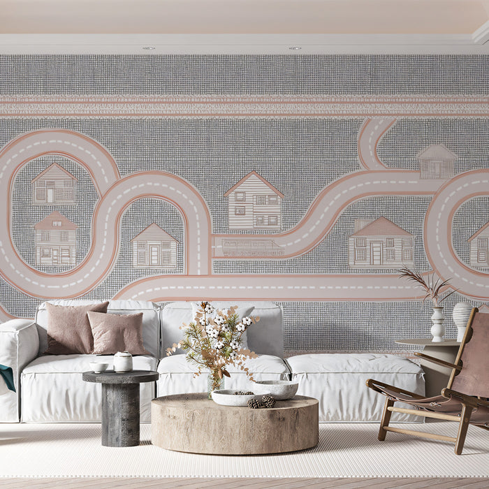 Minimalist Road Map & Houses Mural | Neutral Tones, Fabric Texture, Subtle Play Map